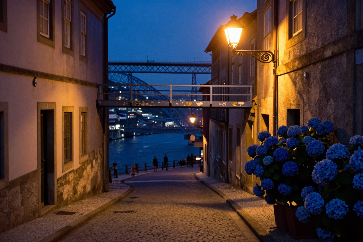 Midnight Porto Street Scene with Blue Hydrangeas and Bridge Maintenance Cradle in in Porto, Portugal