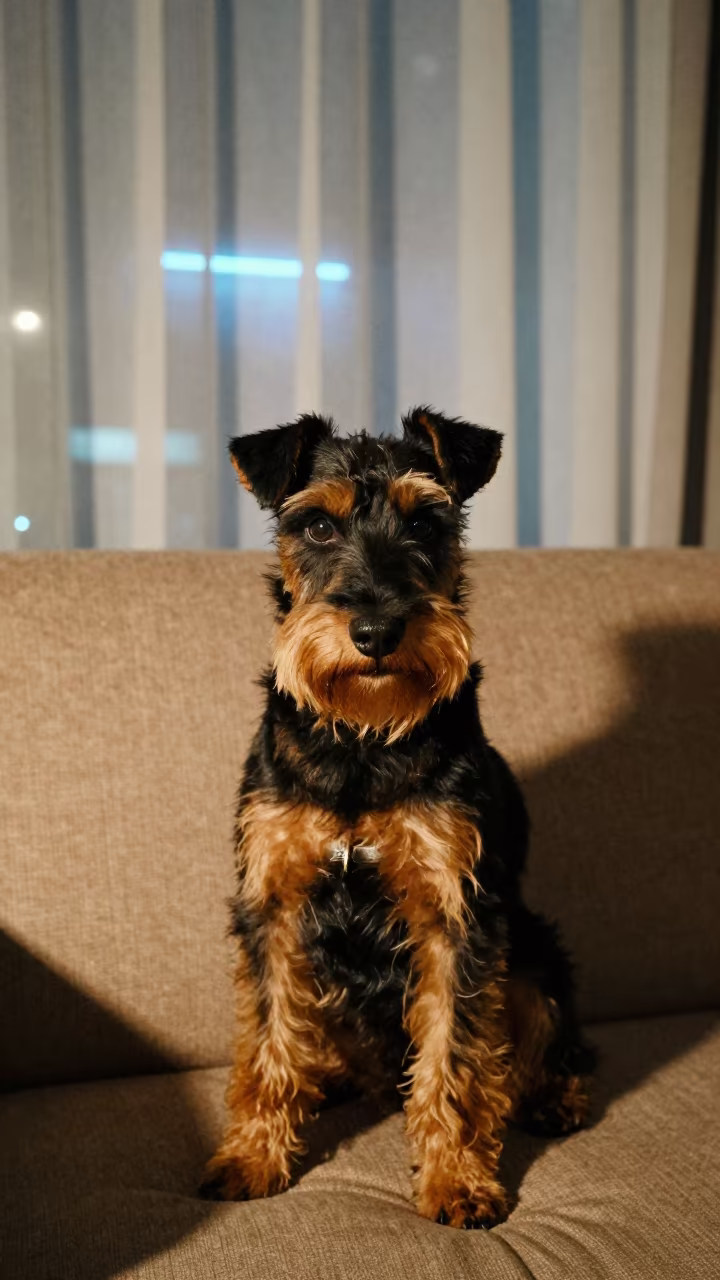 Midnight Portrait of a Manchester Terrier in Cebu in on a sofa near a curtained window with calm indoor light near Cebu