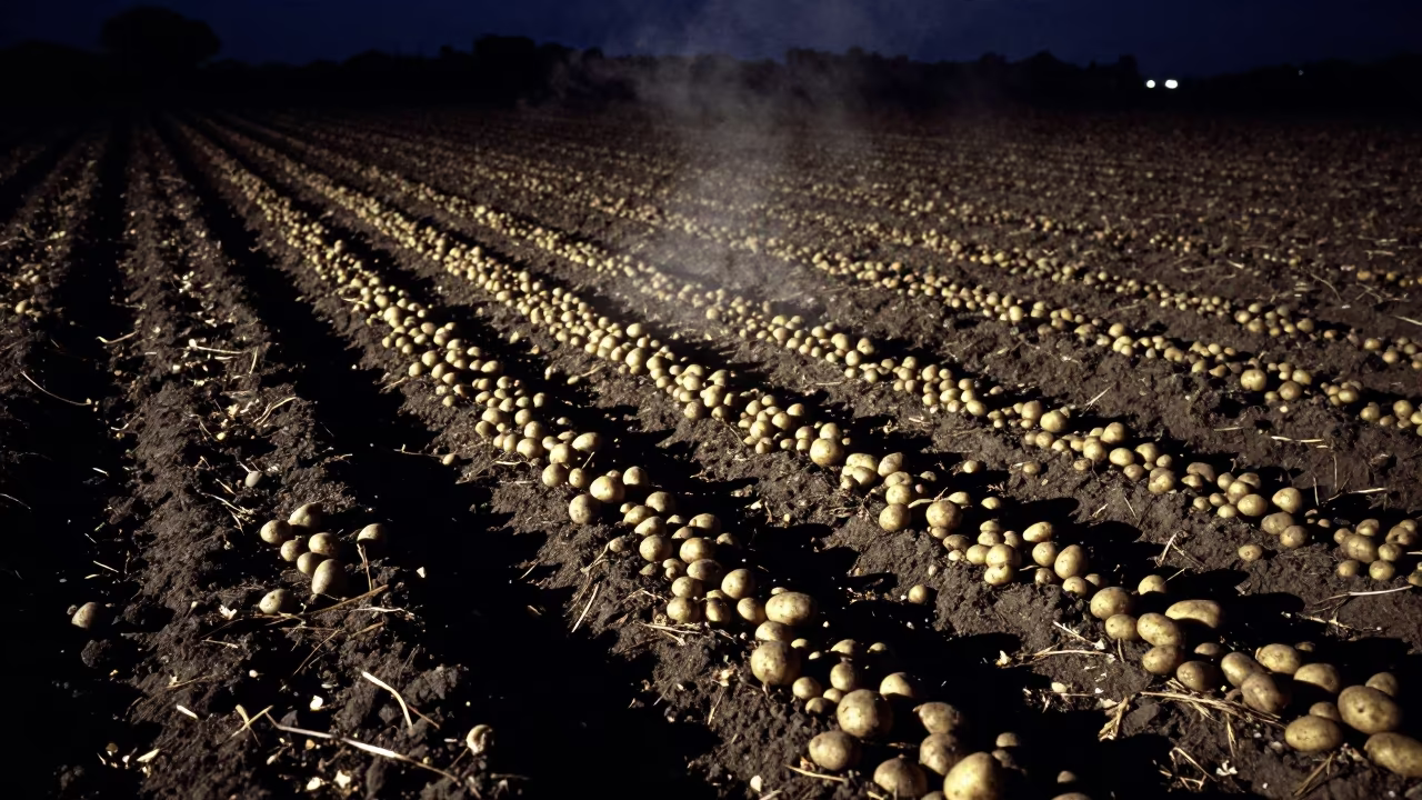Midnight Potato Harvest in Kumasi Field in across a harvested grain field in Kumasi