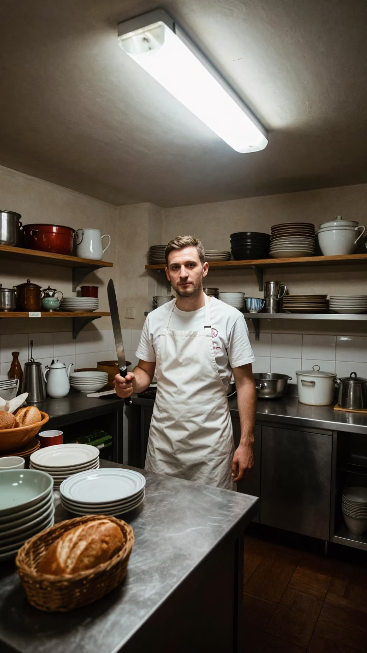 Midnight Prague Bakery Interior with Baker and Vintage Kitchenware in in Prague, Czech Republic