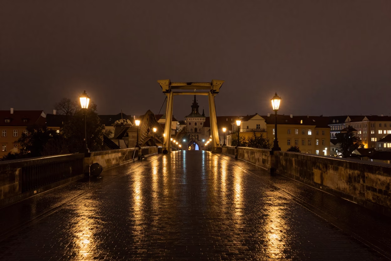 Midnight Prague Castle Drawbridge Reflections in Oil-Slick Harbor Water in in Prague, Czech Republic