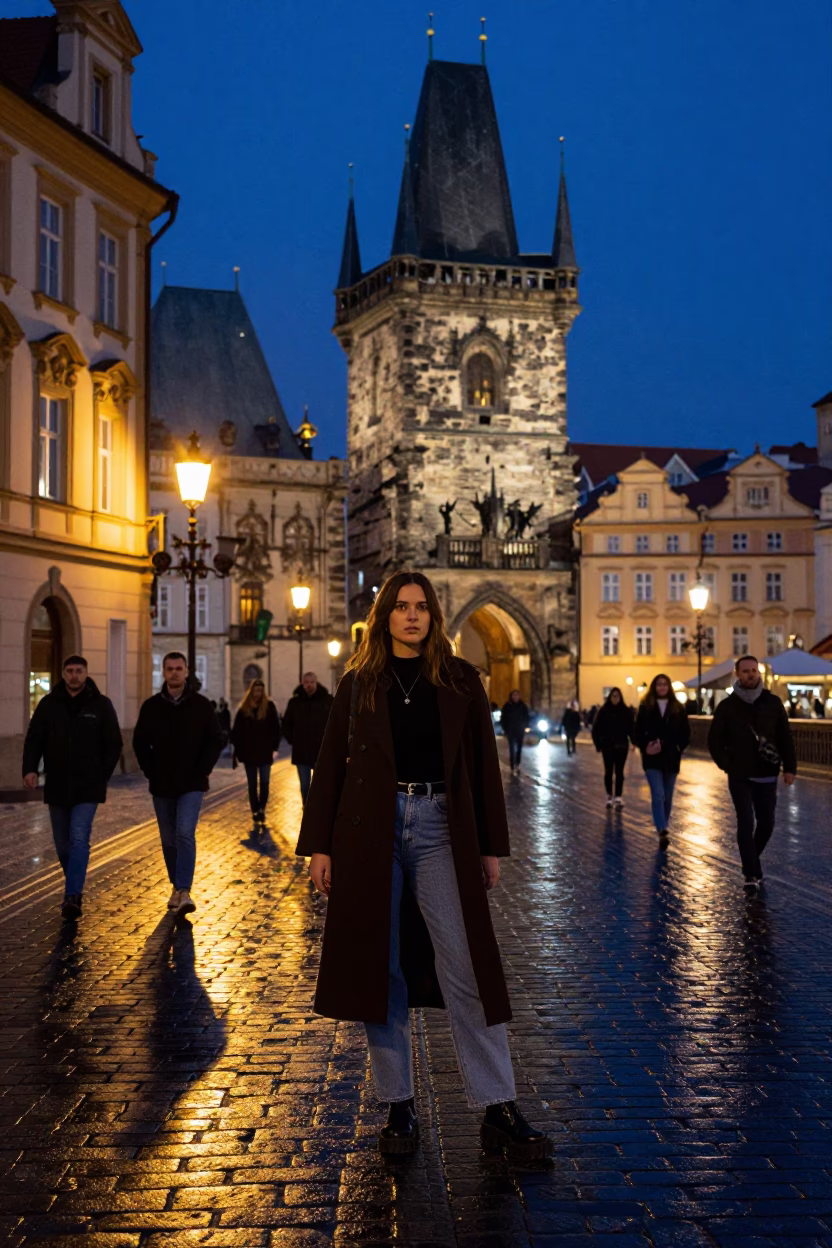 Midnight Prague Street Fashion High Contrast Colorful Urban Night Scene in in Prague, Czech Republic