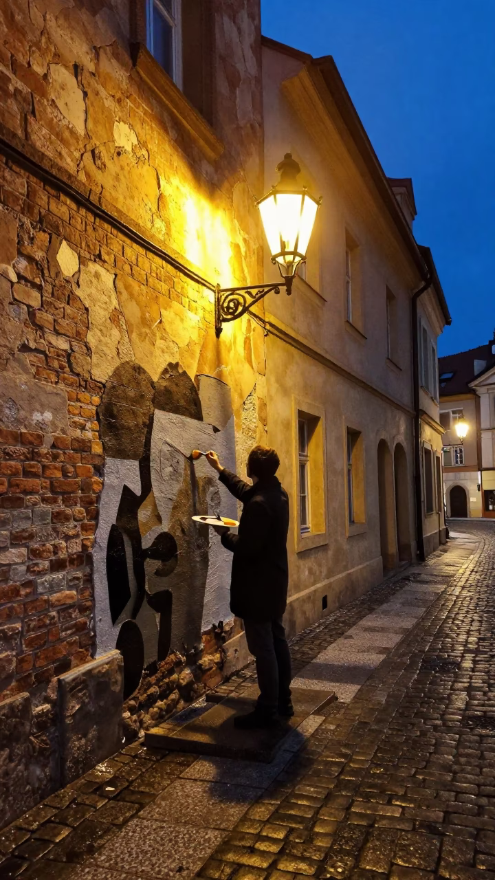 Midnight Prague Street Scene with Artist Painting Mural Under Gaslight in in Prague, Czech Republic