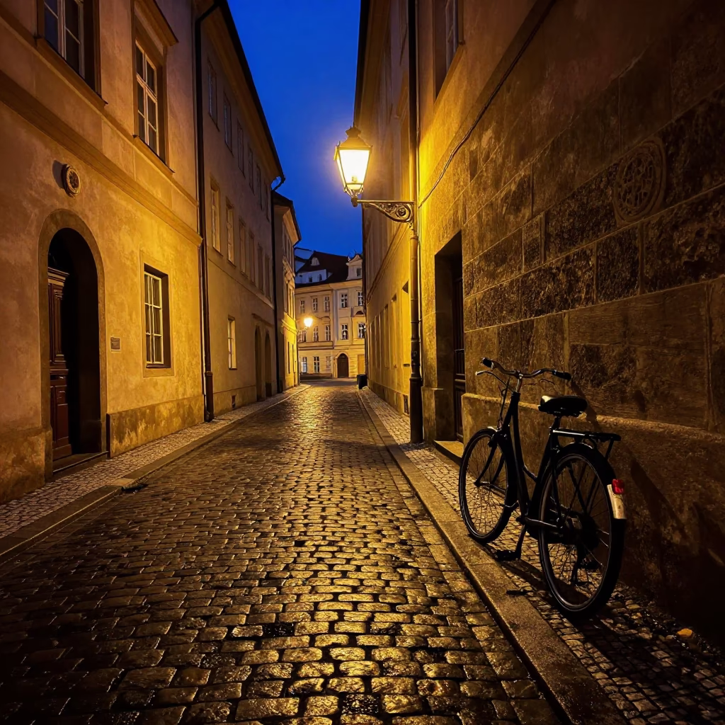 Midnight Prague Street Scene with Bicycle and Cobblestone Alleyway in in Prague, Czech Republic