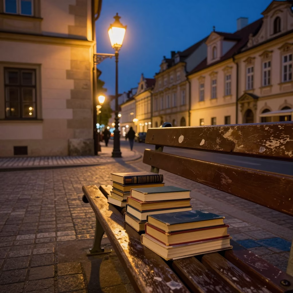 Midnight Prague Street Scene with Books and Tea Stains on Outdoor Bench in in Prague, Czech Republic