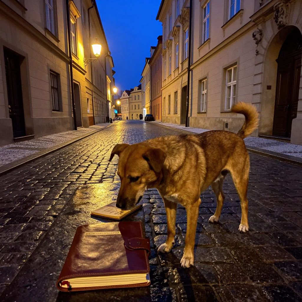 Midnight Prague Street Scene with Brown Dog and Ledger on Cobblestone Near Charles Bridge in in Prague, Czech Republic