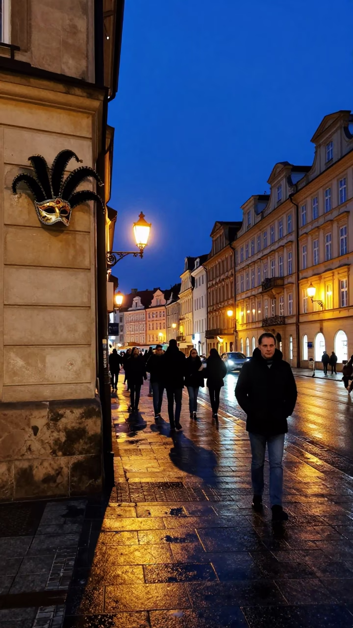 Midnight Prague Street Scene with Carnival Mask and Mossy Stone Wall in in Prague, Czech Republic