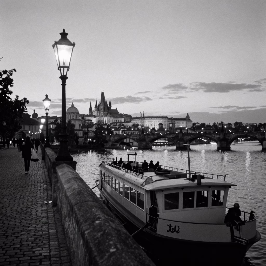 Midnight Prague Street Scene with Chain Ferry and Lanterns in in Prague, Czech Republic