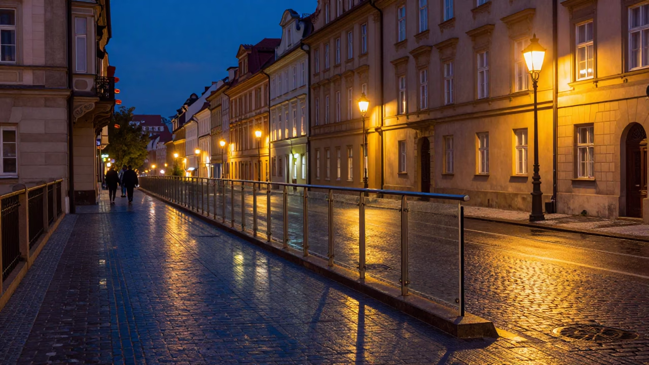 Midnight Prague Street Scene with Clear Glass Rail and Vintage Urban Details in in Prague, Czech Republic