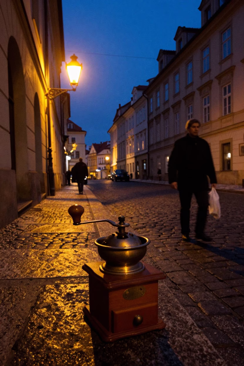 Midnight Prague Street Scene with Coffee Grinder and Valet Stand Reflections in in Prague, Czech Republic