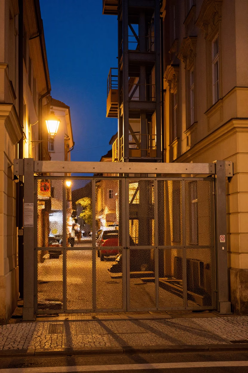 Midnight Prague Street Scene with Construction Elevator Gate and Rebar Bundles in in Prague, Czech Republic