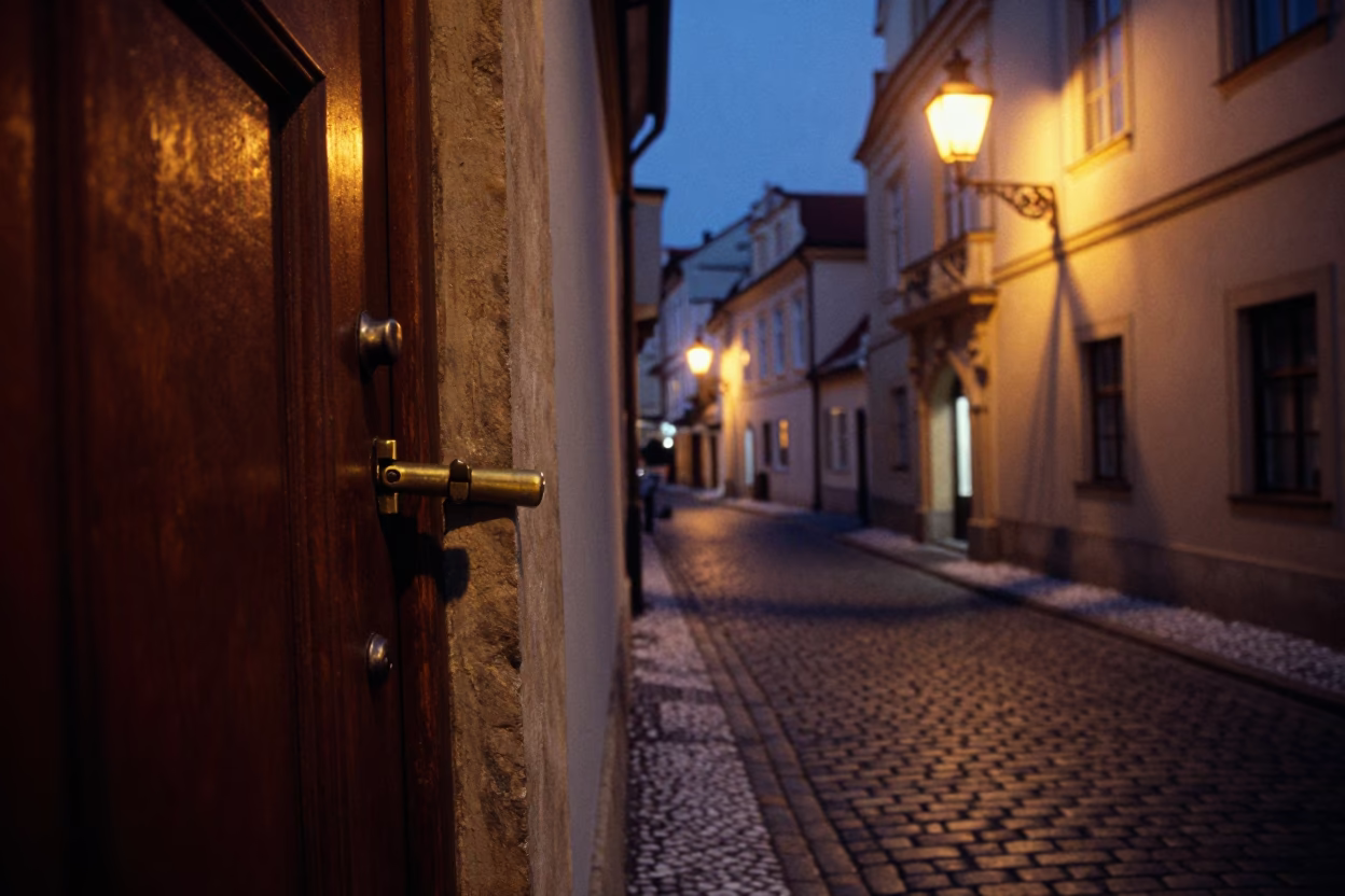 Midnight Prague Street Scene with Door Latch and Cobblestone Alleyway in in Prague, Czech Republic