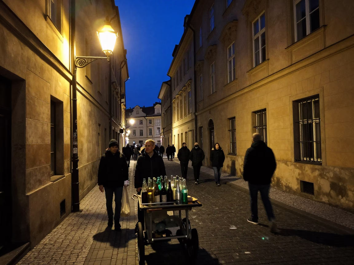 Midnight Prague Street Scene with Glass Bottles and Urban Reflections in in Prague, Czech Republic