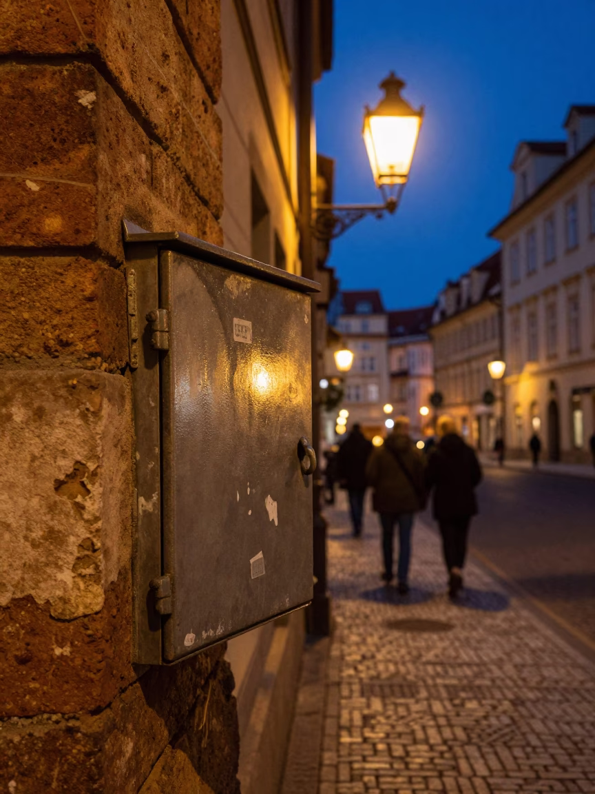 Midnight Prague Street Scene with Grease Sheen on Hinge and Peg Rails in in Prague, Czech Republic