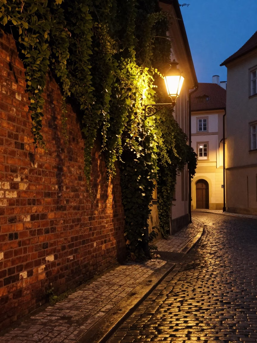Midnight Prague Street Scene with Ivy on Brick Wall and Wet Cobblestones in in Prague, Czech Republic