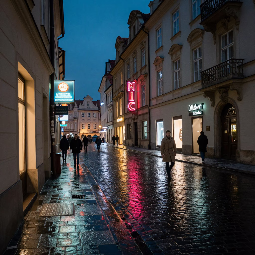 Midnight Prague street scene with neon signs and wet cobblestones in 1960s Czech Republic in in Prague, Czech Republic