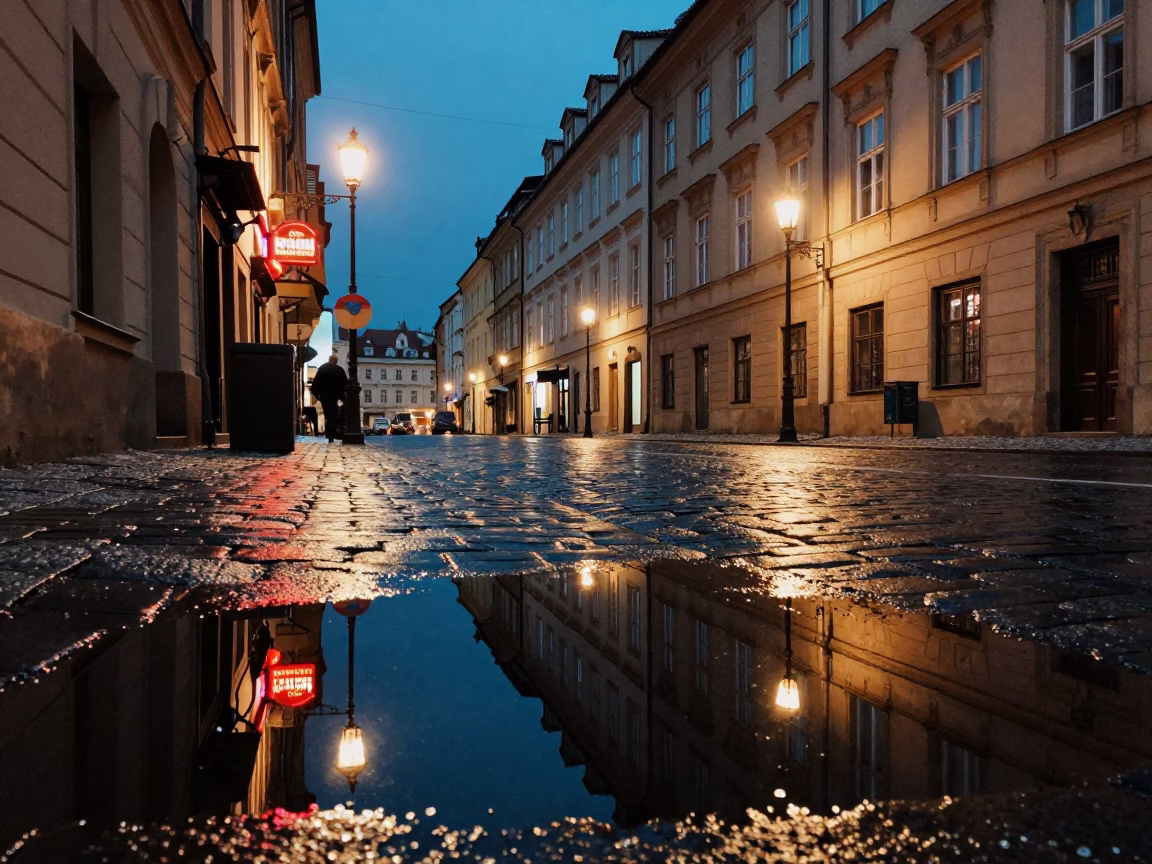 Midnight Prague Street Scene with Puddle Reflections and Vintage Neon Lights in in Prague, Czech Republic