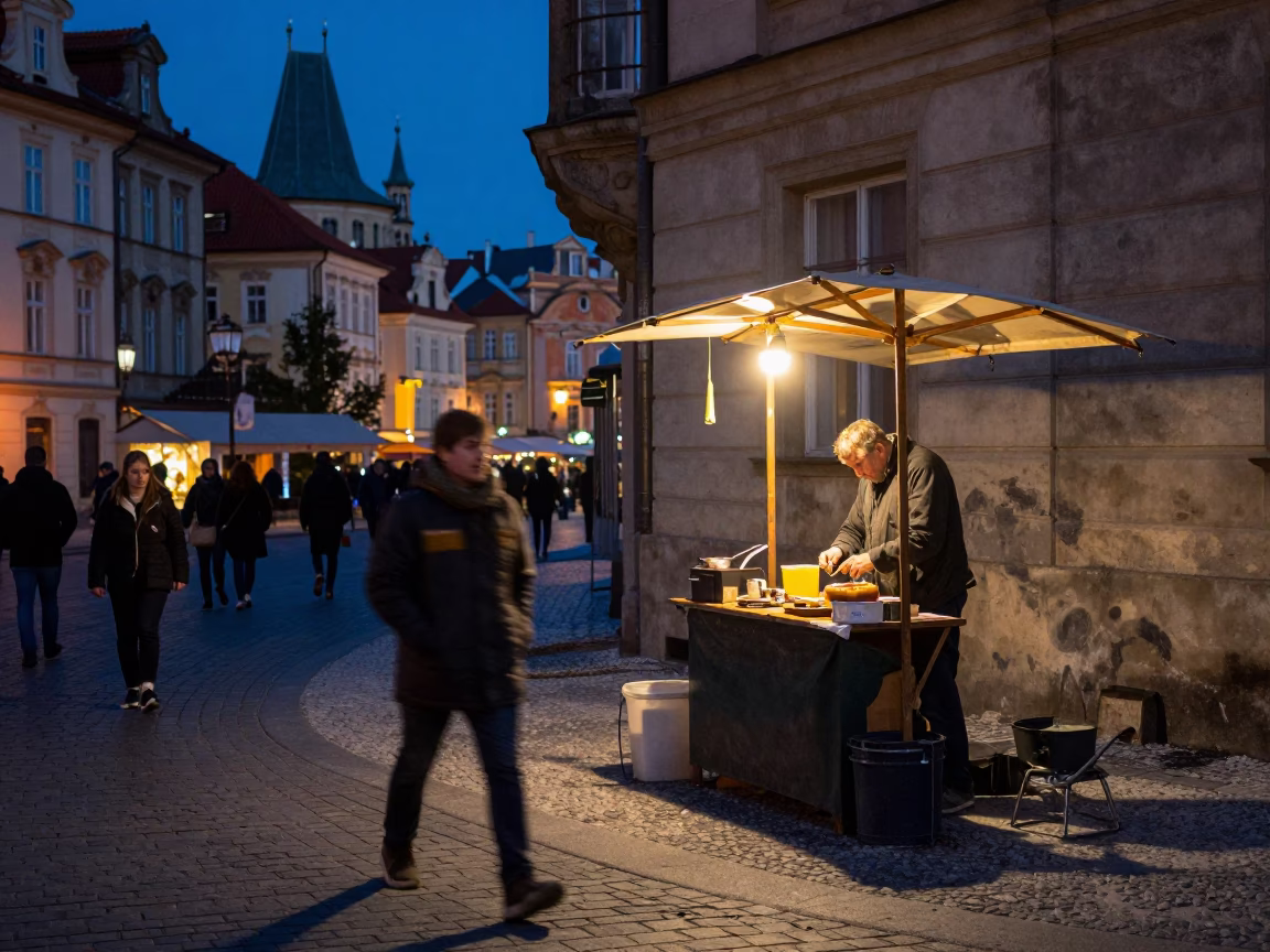 Midnight Prague Street Scene with Smudged Runner and Pruning Shears in in Prague, Czech Republic
