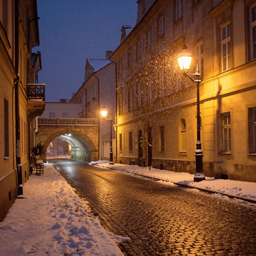 Midnight Prague Street Scene with Snow and Sodium Lamps at Tunnel Portal in in Prague, Czech Republic
