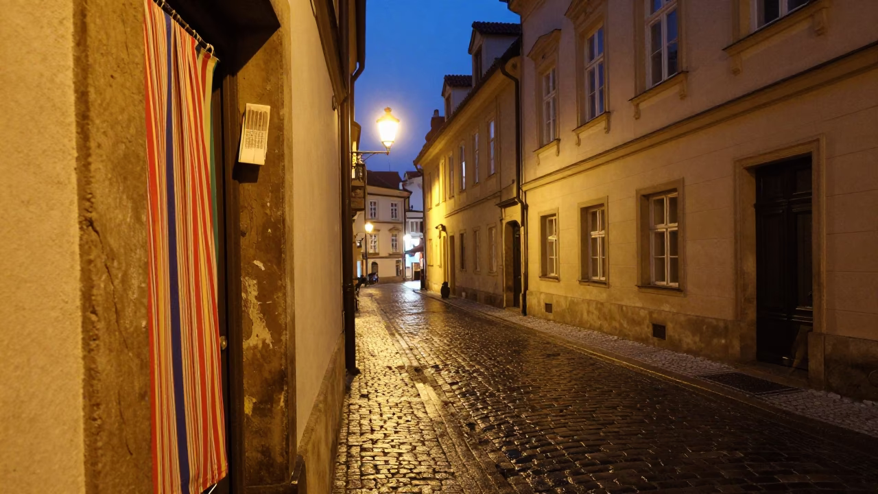 Midnight Prague Street Scene with Striped Fabric and Bookmarks in Lived-In Urban Setting in in Prague, Czech Republic
