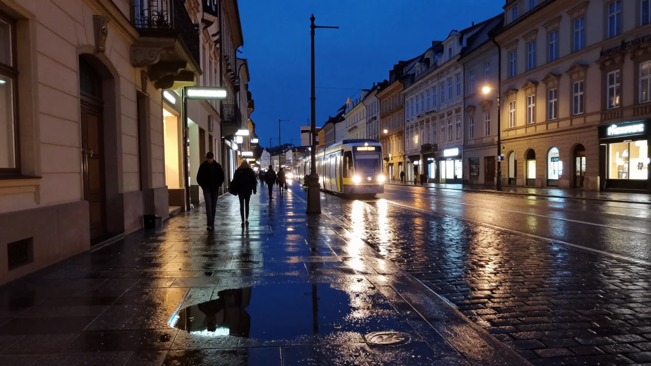 Midnight Prague Street Scene with Substation Road Puddle and Nightlife in in Prague, Czech Republic