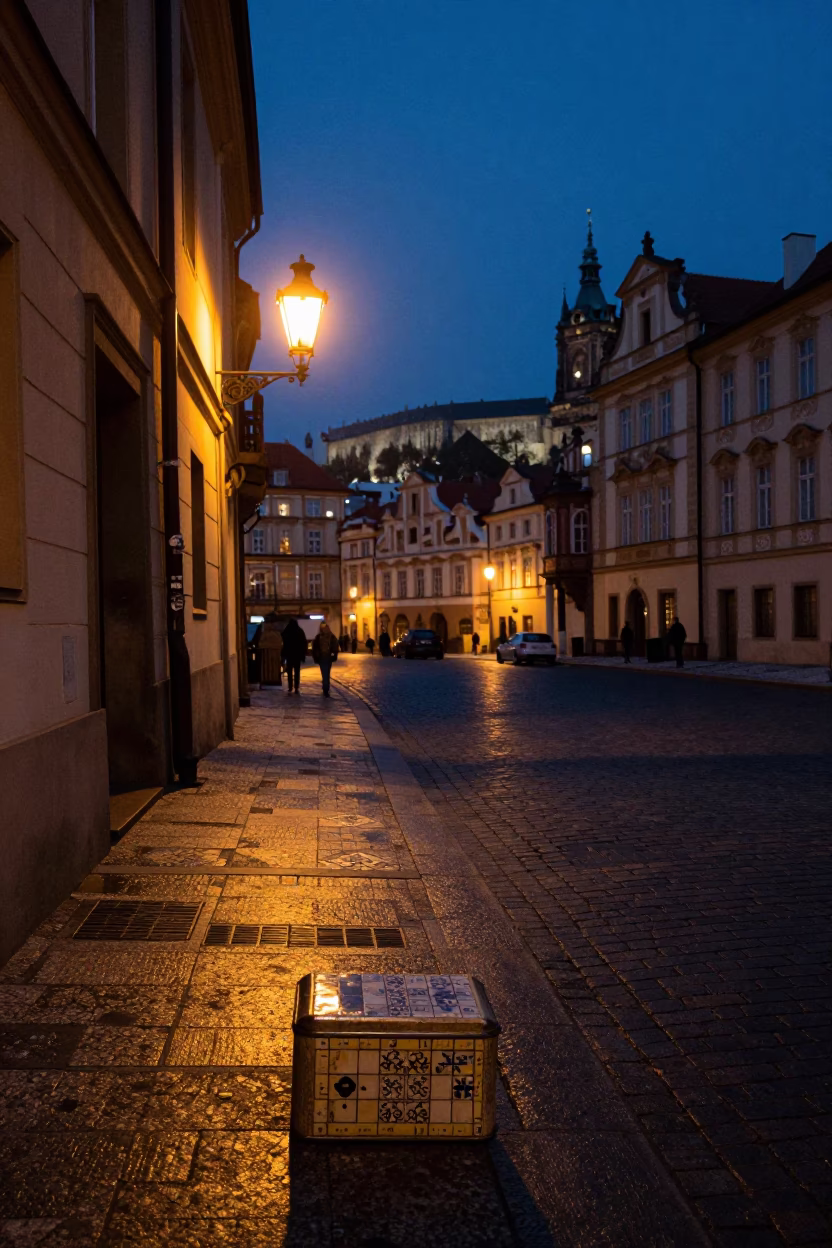 Midnight Prague Street Scene with Tin Box and Tile Smudges in in Prague, Czech Republic