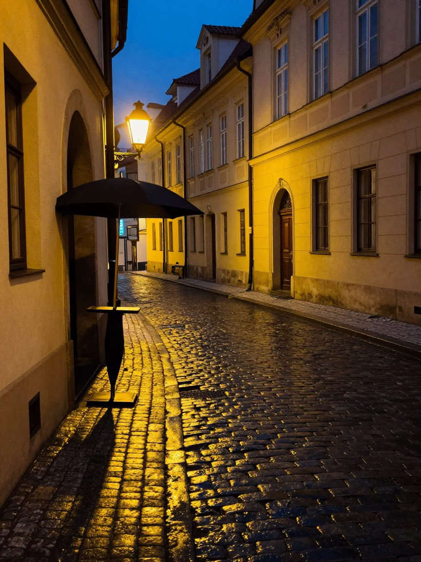Midnight Prague Street Scene with Umbrella Stand and Vintage Bicycle Basket in in Prague, Czech Republic