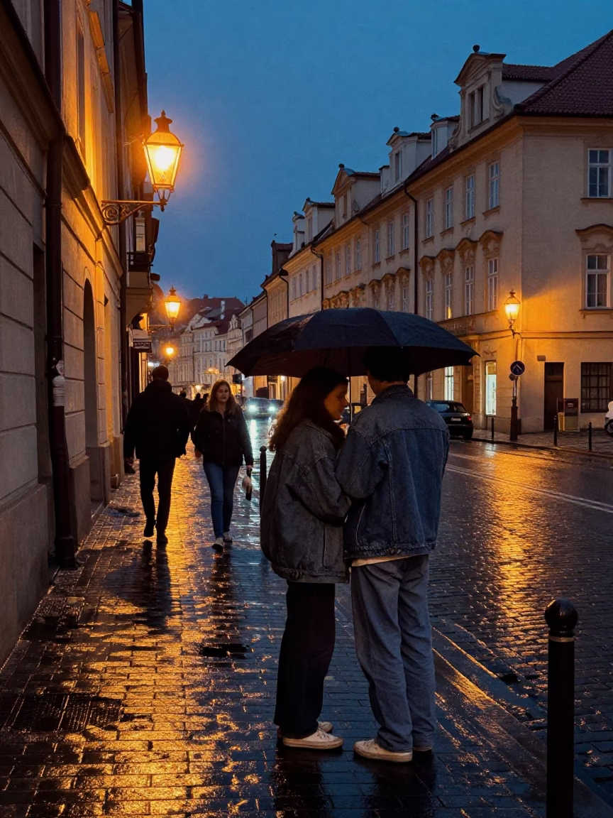 Midnight Prague Street Scene with Vintage 1990s Film Aesthetic and Cobblestone Details in in Prague, Czech Republic