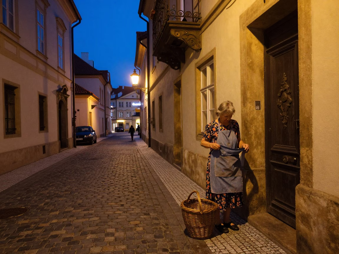 Midnight Prague Street Scene with Vintage Apron and Wicker Basket in in Prague, Czech Republic