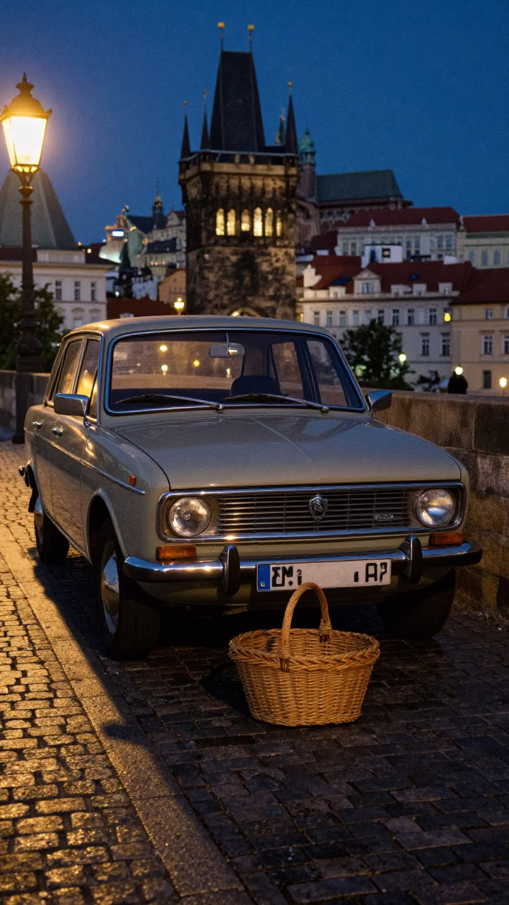 Midnight Prague Street Scene with Vintage Sedan and Woven Basket on Cobblestones in in Prague, Czech Republic