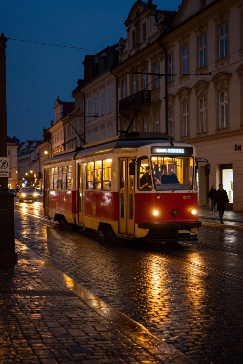 Midnight Prague street scene with vintage tram and neon lights reflecting on wet cobblestones in in Prague, Czech Republic