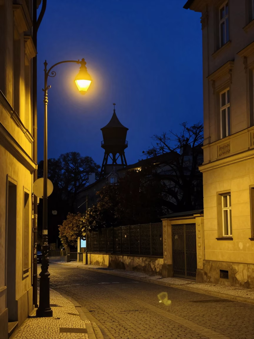 Midnight Prague Street Scene with Water Tower and Metal Bucket in Czech Republic in in Prague, Czech Republic