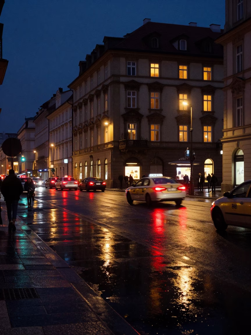 Midnight Prague Street Scene with Wet Pavement Reflections and Historic Architecture in in Prague, Czech Republic