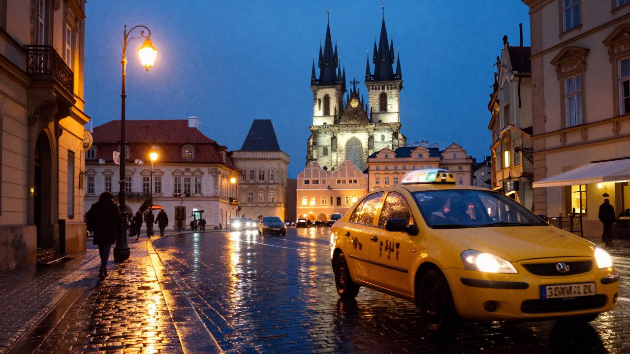Midnight Prague Street Scene with Yellow Taxi and Wet Cobblestones in in Prague, Czech Republic