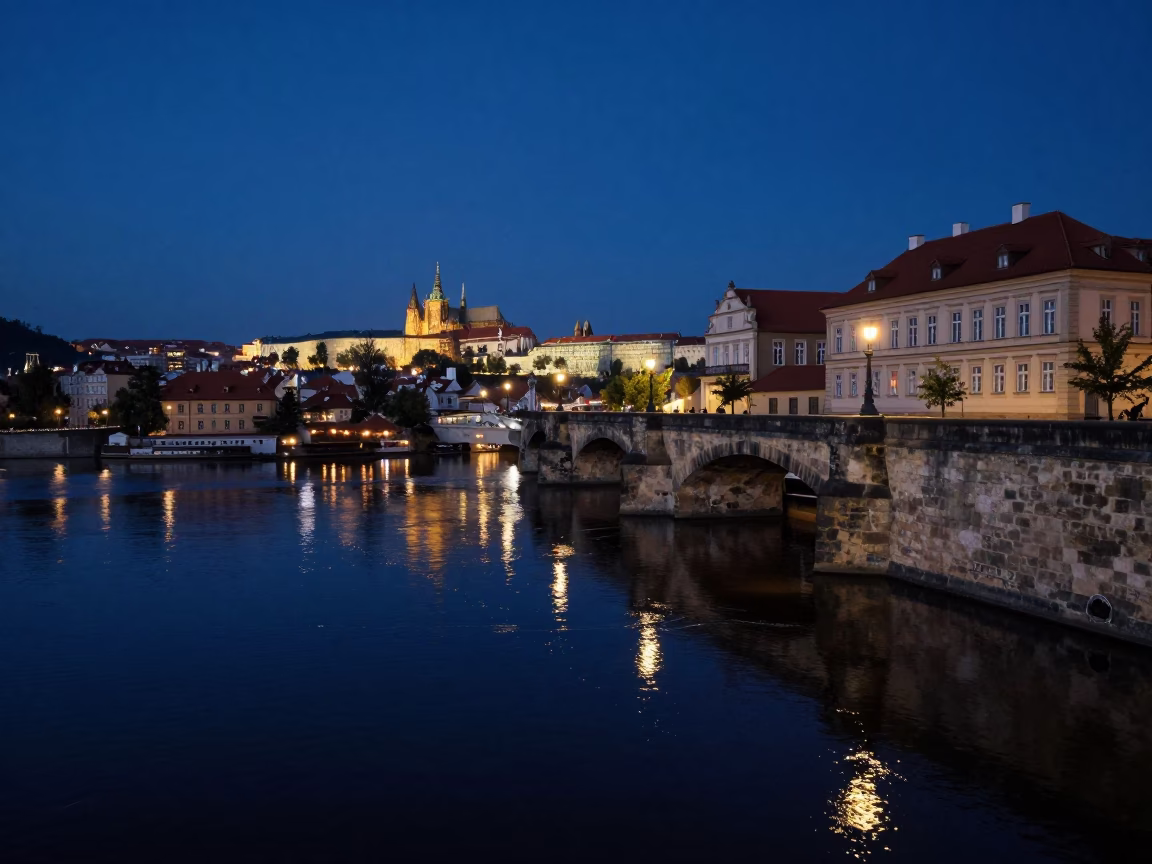 Midnight Prague Vltava Riverbank Stone Embankment and Reflections in in Prague, Czech Republic