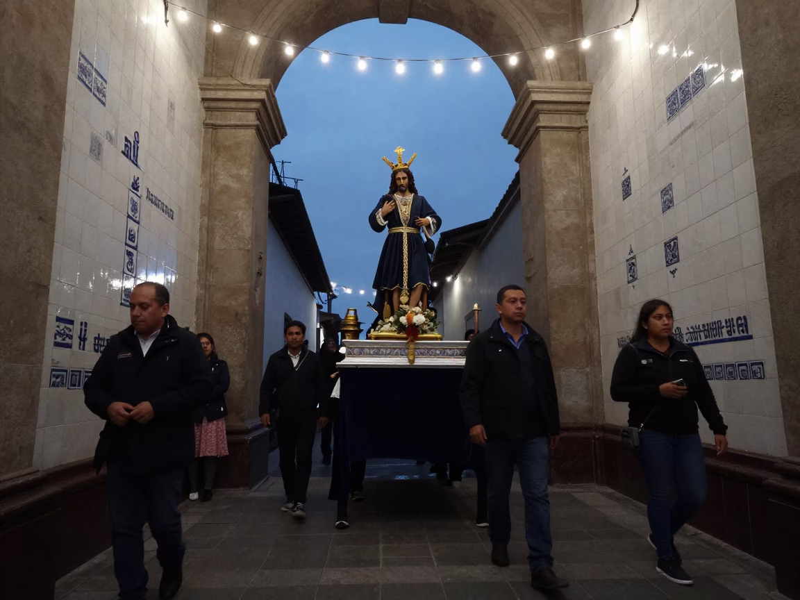 Midnight Procession Saint Statue Tiled Hall Lima in inside a tiled stair hall near Callao, Lima