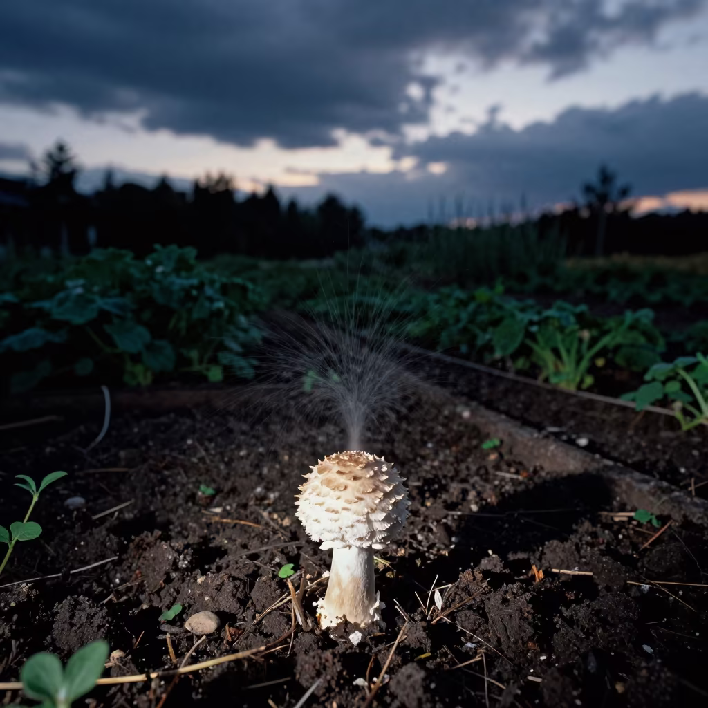 Midnight Puffball Spore Release in Manitoba Terraced Garden in among terraced garden plots in Manitoba