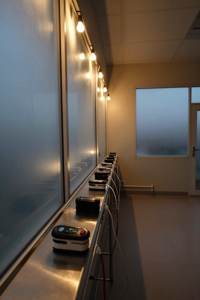 Midnight Pulse Ox Charging Rail Under String Lights in inside an imaging suite in Kunduz