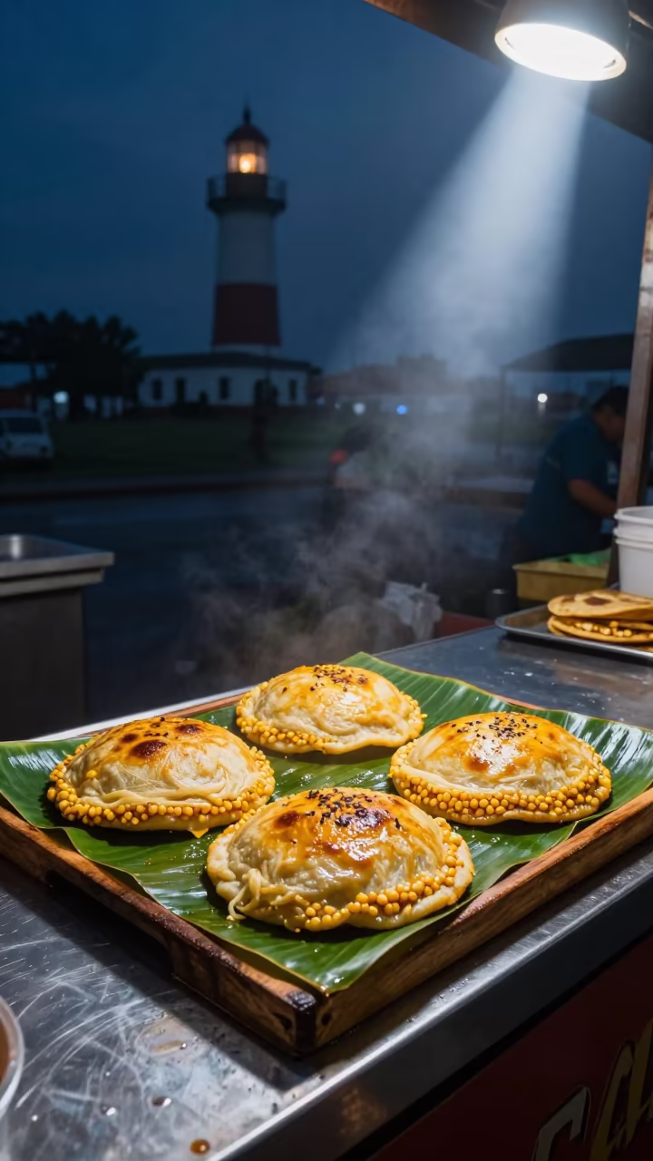 Midnight Pupusas on Banana Leaf in Havana Market in at a fish market counter near Miramar, Havana