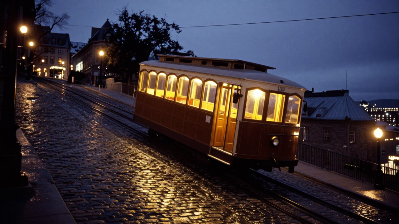 Midnight Quebec City Funicular Ascent with Urban Street Lights and Steel Cable Details in in Quebec City, Quebec, Canada