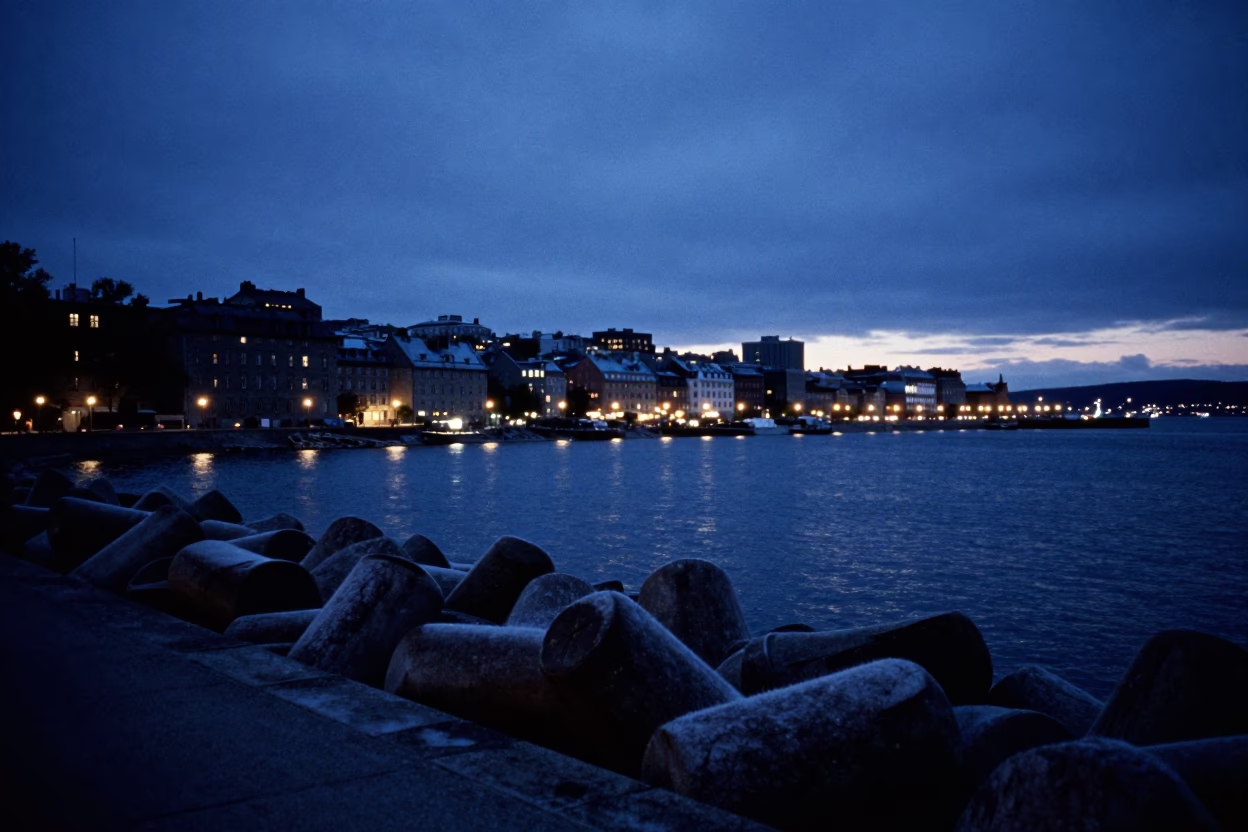 Midnight Quebec City Harbor Breakwater View with Condensation and Urban Nightscape in in Quebec City, Quebec, Canada