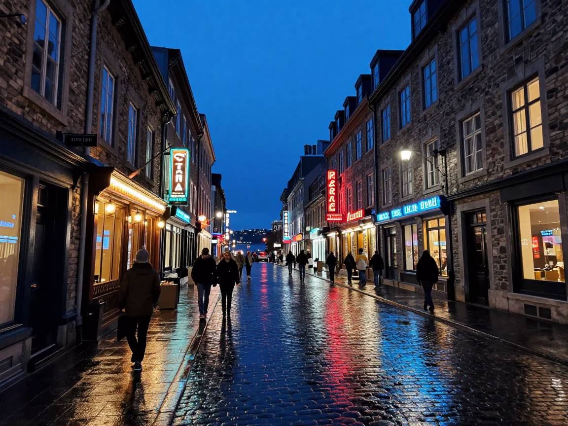 Midnight Quebec City Street Scene with Neon Signs and Urban Architecture in in Quebec City, Quebec, Canada