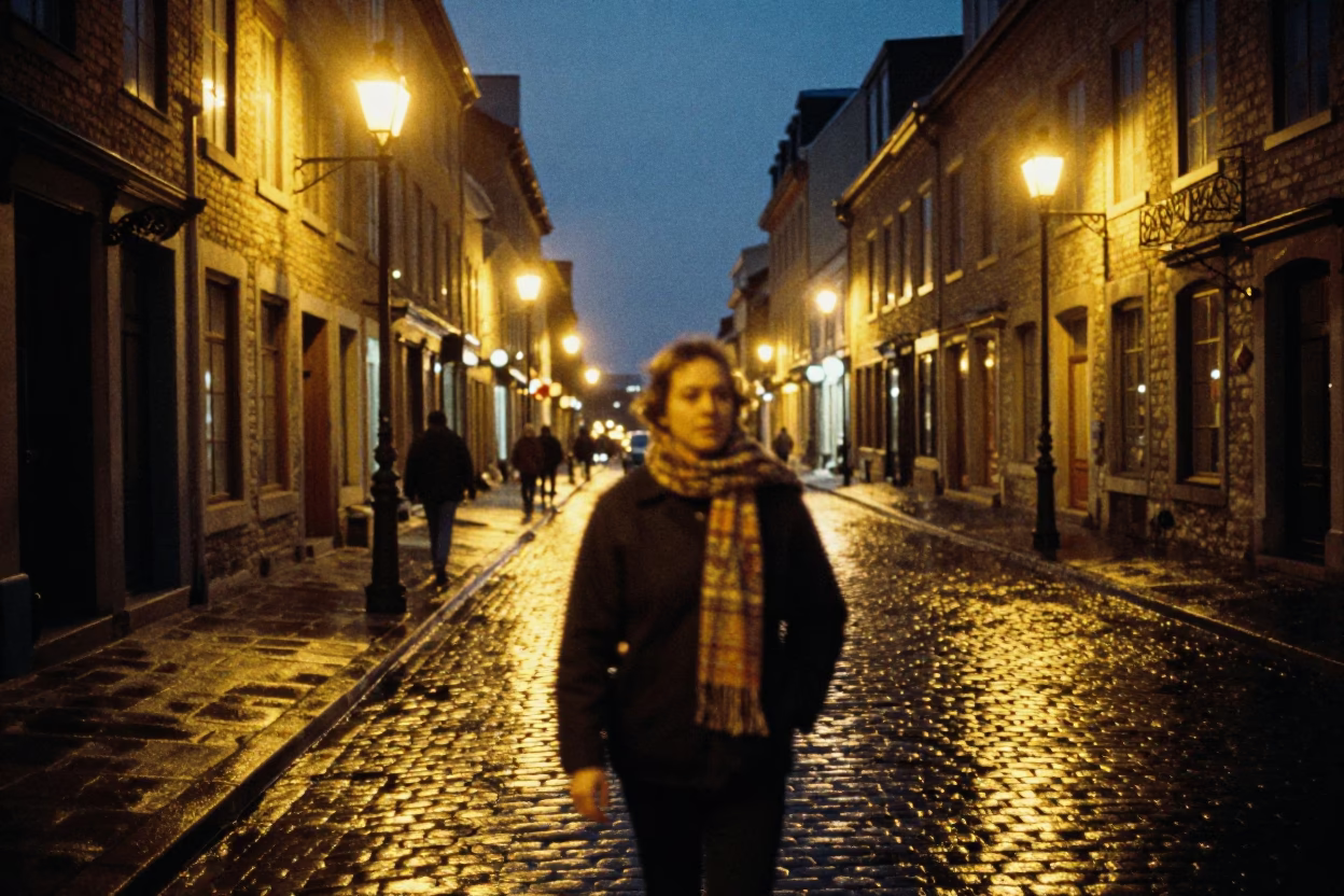 Midnight Quebec City Street Scene with Scarf and Urban Details in in Quebec City, Quebec, Canada