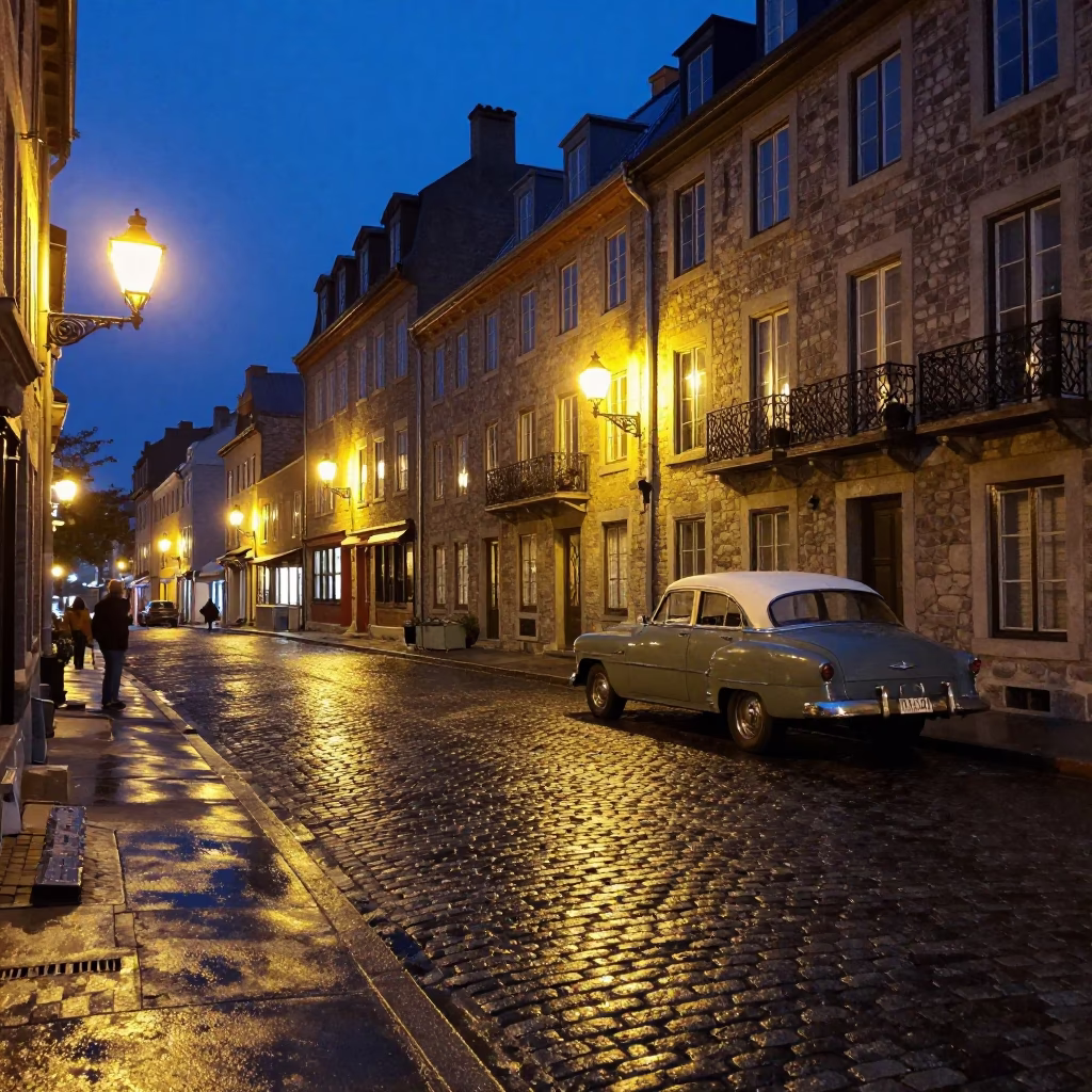 Midnight Quebec City Street Scene with Vintage 1950s Aesthetic and Cobblestone Details in in Quebec City, Quebec, Canada