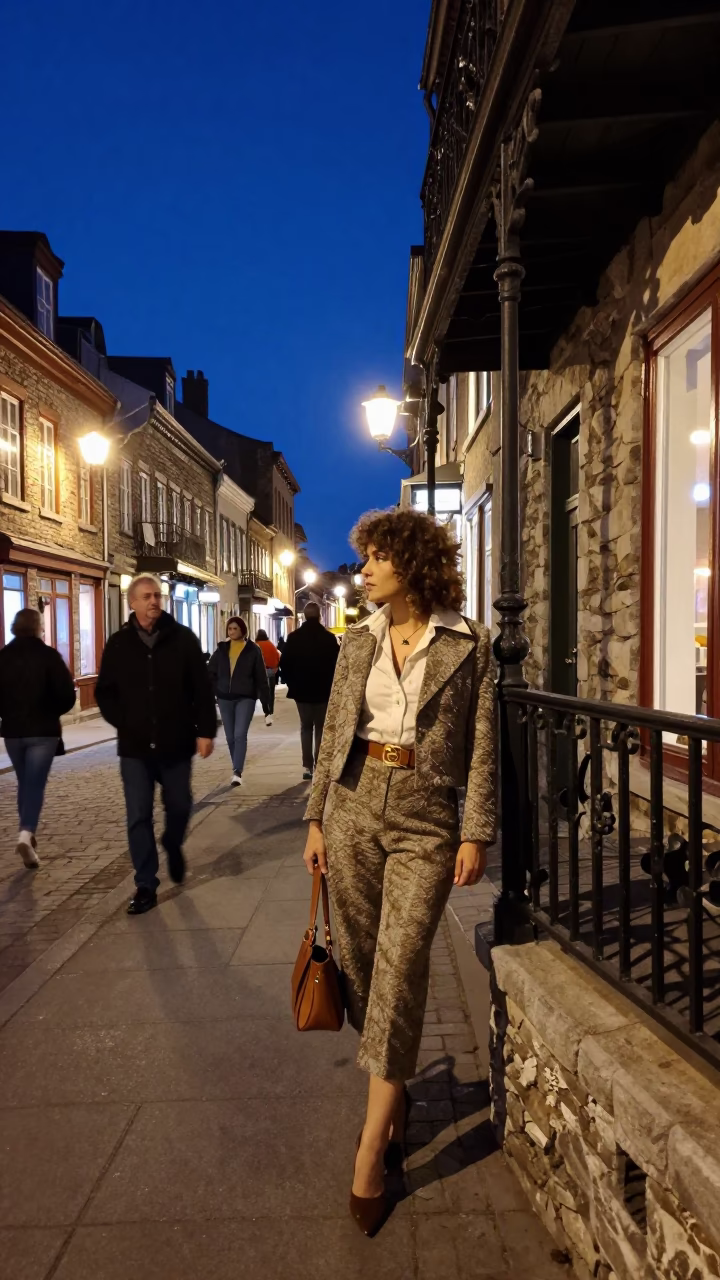 Midnight Quebec City Street Scene with Vintage 1970s Fashion and Urban Details in in Quebec City, Quebec, Canada