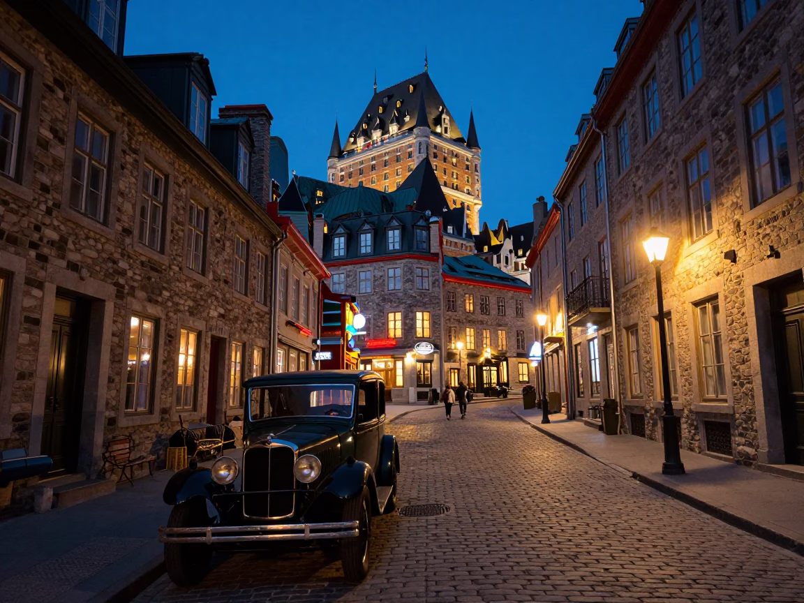 Midnight Quebec City Street Scene with Vintage Automobile and Neon Reflections in in Quebec City, Quebec, Canada