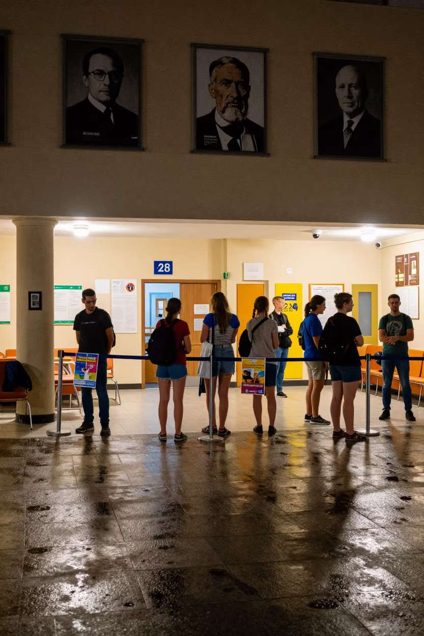 Midnight Queue Under Civic Portrait Wall Vienna in in a community center hall near Vienna