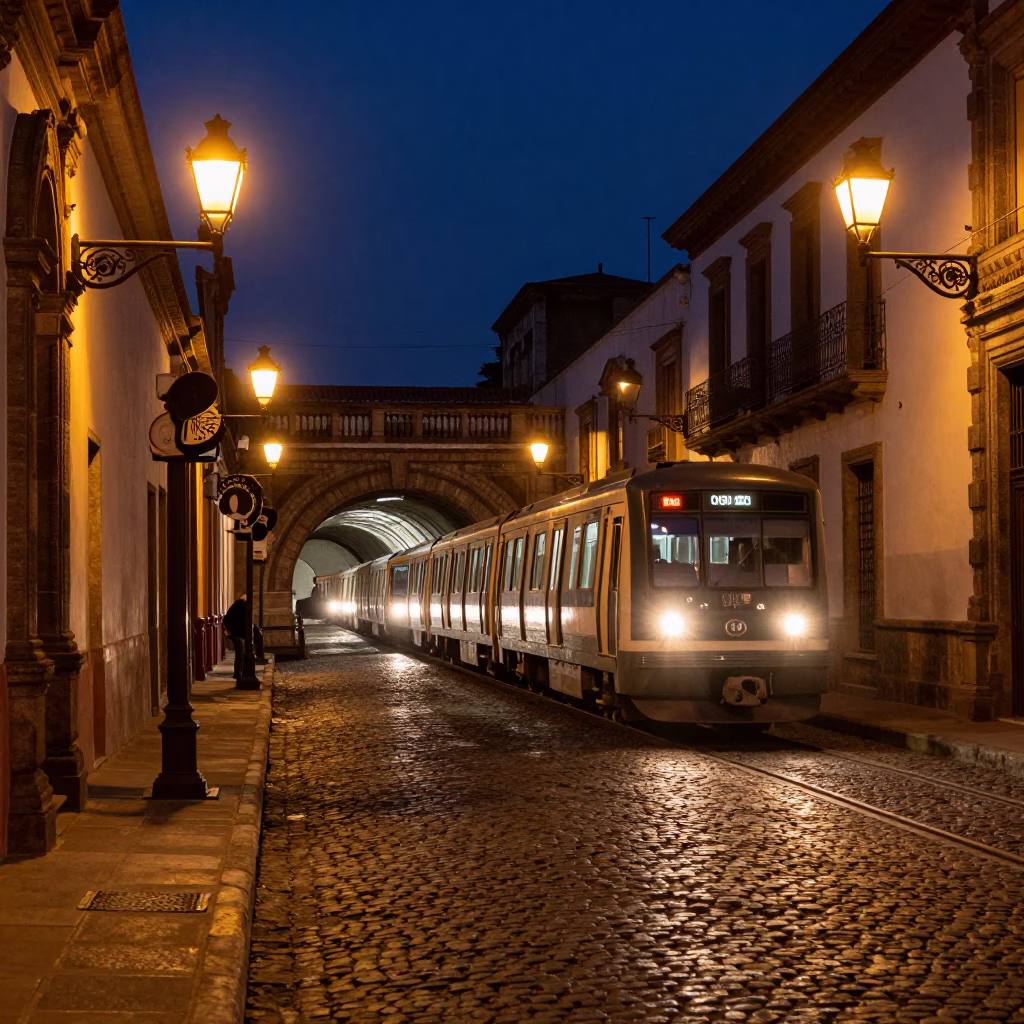 Midnight Quito Ecuador Street Scene with Metro Train Emerging from Tunnel in in Quito, Ecuador
