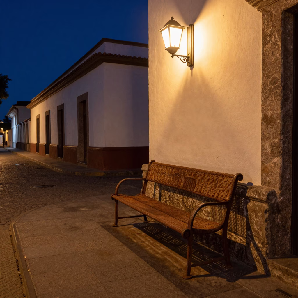 Midnight Quito Ecuador Street Scene with Rusty Bench and Wicker Shadow in in Quito, Ecuador