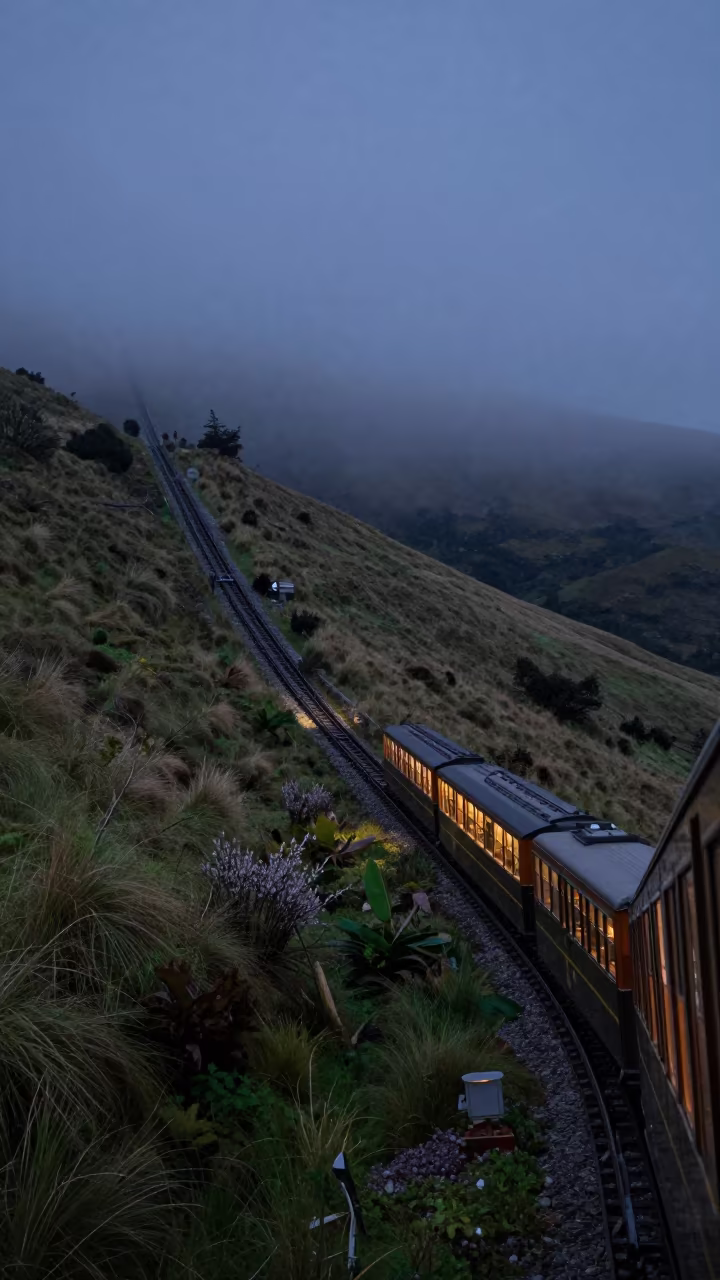 Midnight rack railway climbs misty Ecuadorian alpine meadows in in Ecuador